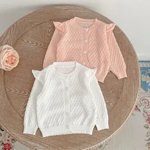 Girls knit cardigan sweater breathable cute ruffle shoulder outerwear spring autumn baby toddler