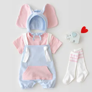 Süßes Baby Elefantenohren Mütze Strampler Set Kurzarm T-Shirt Latzhose Sommerkleidung