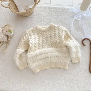 Cozy infant cable knit sweater for baby girls with plush fringe trim, cute warm top.