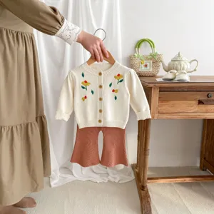 Cute baby girl floral embroidered knit cardigan and flared trousers clothing set for spring autumn.