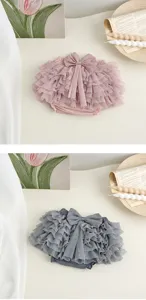 Baby girls tutu bloomers detail, layered mesh ruffles and bow decoration, cute cake shorts.