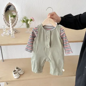 Cute baby overall set with striped long sleeve shirt and green jumpsuit for spring infants.