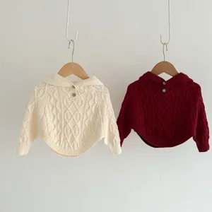 Toddler baby cute hooded cable knit sweater cape, stylish autumn pullover top for girls.