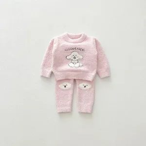 Infant winter pink fluffy fleece pajama set detail, cute dog embroidery and cozy fabric
