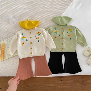 Baby floral knit cardigan set with matching pants and beret, cute toddler spring outfit.