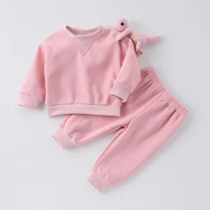 Cute pink toddler sweatshirt and sweatpants set with a small dinosaur toy, casual wear.