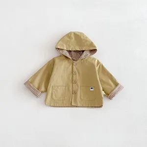 Baby hooded windbreaker jacket detail view, stylish casual toddler spring outerwear coat.
