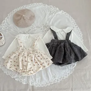 Infant baby girls corduroy strap romper set autumn cute floral long sleeve bodysuit