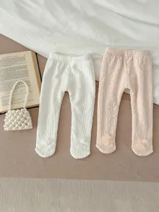 Infant baby winter fleece-lined footed tights, cute floral detail cotton leggings for girls.