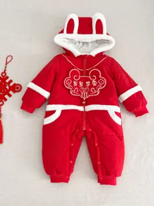 Infant red festive winter jumpsuit with cute rabbit ears hood and embroidered lucky text.