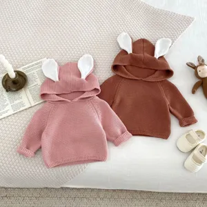 Baby knit sweater with cute rabbit ears and hooded design, soft pullover for infants.