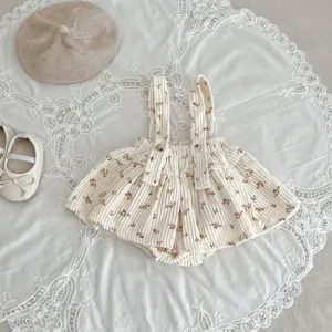 Cute baby girl floral corduroy strap romper dress, sweet toddler infant spring autumn clothes.