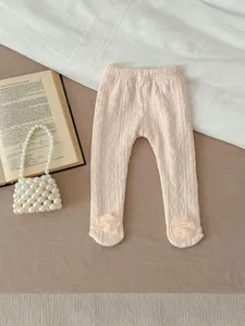 Cozy fleece-lined baby girl tights with cute flower feet, soft cotton winter leggings.