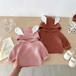 Infant baby cute rabbit ear knitted hooded sweater, soft autumn pullover top for kids.