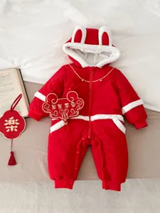 Adorable red baby winter jumpsuit with cute rabbit ears, thick padded cotton for warm festival.