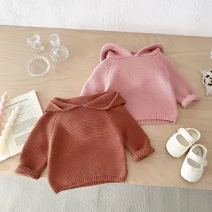 Infant baby knitted sweater with cute rabbit ears hooded design, soft autumn pullover top for kids.