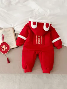 Red baby winter jumpsuit with cute rabbit ears hood and festive embroidery details.