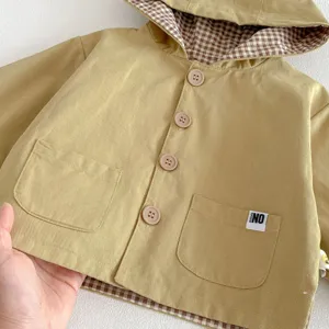 Toddler Baby Hooded Trench Coat Plaid Lining Button Long Sleeve Casual Outerwear Jacket