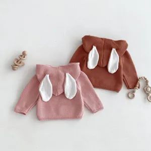 Infant cute bunny ear hooded knit sweater detail view, baby autumn warm pullover top.