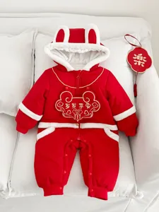 Red baby winter onesie with cute bunny ears hood, thick warm romper for new year festival.