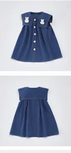 Bonito vestido de vaqueros para niña sin mangas cuello marinero verano denim bordado de conejo