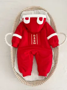 Red baby winter romper back detail, cute fleece ears hooded design, festive holiday outfit.