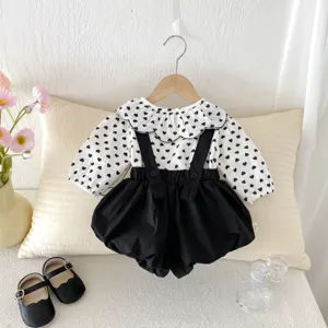 Baby girl autumn two piece set heart print doll collar shirt black suspender bloomers cute outfit
