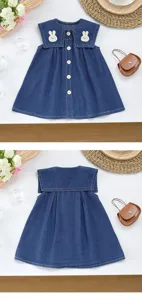 Vestido vaquero sin mangas de verano para niña con cuello marinero y bordados de conejito.