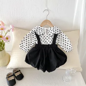 Cute baby girl autumn outfit long sleeve heart print blouse and black suspender bloomers