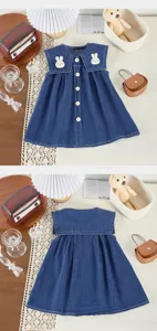 Vestido de vaquero para niñas verano sin mangas cuello marinero bordado de conejo niños detalle