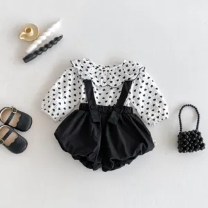 Infant baby girl autumn two-piece set long sleeve heart print shirt suspender shorts outfit