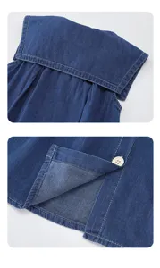 Bonito vestido vaquero para niña sin mangas con cuello marinero de verano casual