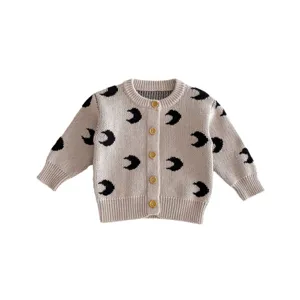 Baby knit cardigan sweater with cute crescent moon print, soft cotton yarn, front button closure.