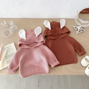 Detail shot of cute baby knitted hoodie with rabbit ears, soft texture for autumn wear.