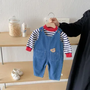 Infant Baby Denim Strap Pants And Striped Top Cotton Toddler Boy Girl Overalls Cute Bear Autumn Clothing Set