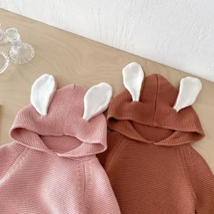 Infant cute rabbit ears hooded knitted sweater detail, warm baby pullover top, pink and brown.