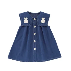 Bonito vestido de mezclilla para niña sin mangas verano niño conejo bordado cuello marinero