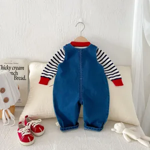 Baby denim overalls set with striped long sleeve shirt, cute infant autumn clothing outfit.