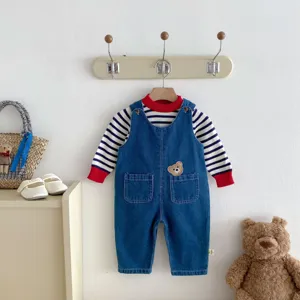 Baby unisex denim overalls set autumn striped sweater toddler clothing outfit cute bear design