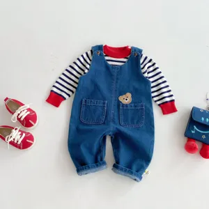 Cute baby denim overalls set with striped top and bear patch, perfect for autumn toddler wear.