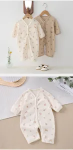 Infant floral waffle romper detail shot showcasing soft fabric and cute button design for baby daily wear.