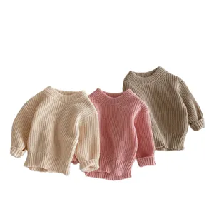 Niña pequeña suéter color sólido cuello redondo manga larga punto otoño parte superior infantil