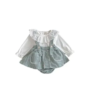 Cute baby girl floral print suspender romper with white lace collar long sleeve top main view
