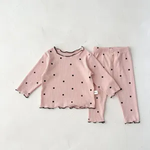 Infant baby girls autumn long sleeve polka dot ribbed cotton pajama set with lettuce edge.