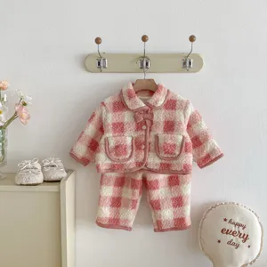 Girls winter fleece plaid pajama set, warm padded jacket and casual pants for toddlers.