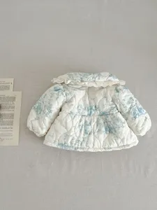 Baby toddler thick warm quilted jacket with lace collar and vintage blue floral print design.