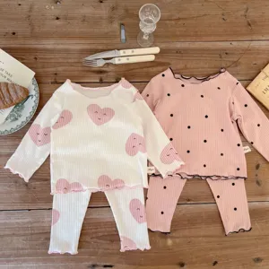 Infant ribbed cotton long sleeve pajama set toddler cute heart dot 2-piece homewear suit