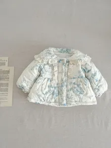Baby infant winter thick warm quilted floral jacket coat with cute lace collar and buttons.