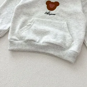 Baby cotton hooded sweatshirt with cute bear embroidery and front pocket, casual infant top.