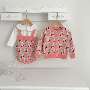 Baby knit sweater set with pink white checkerboard cherry jacquard cardigan and romper, cute.
